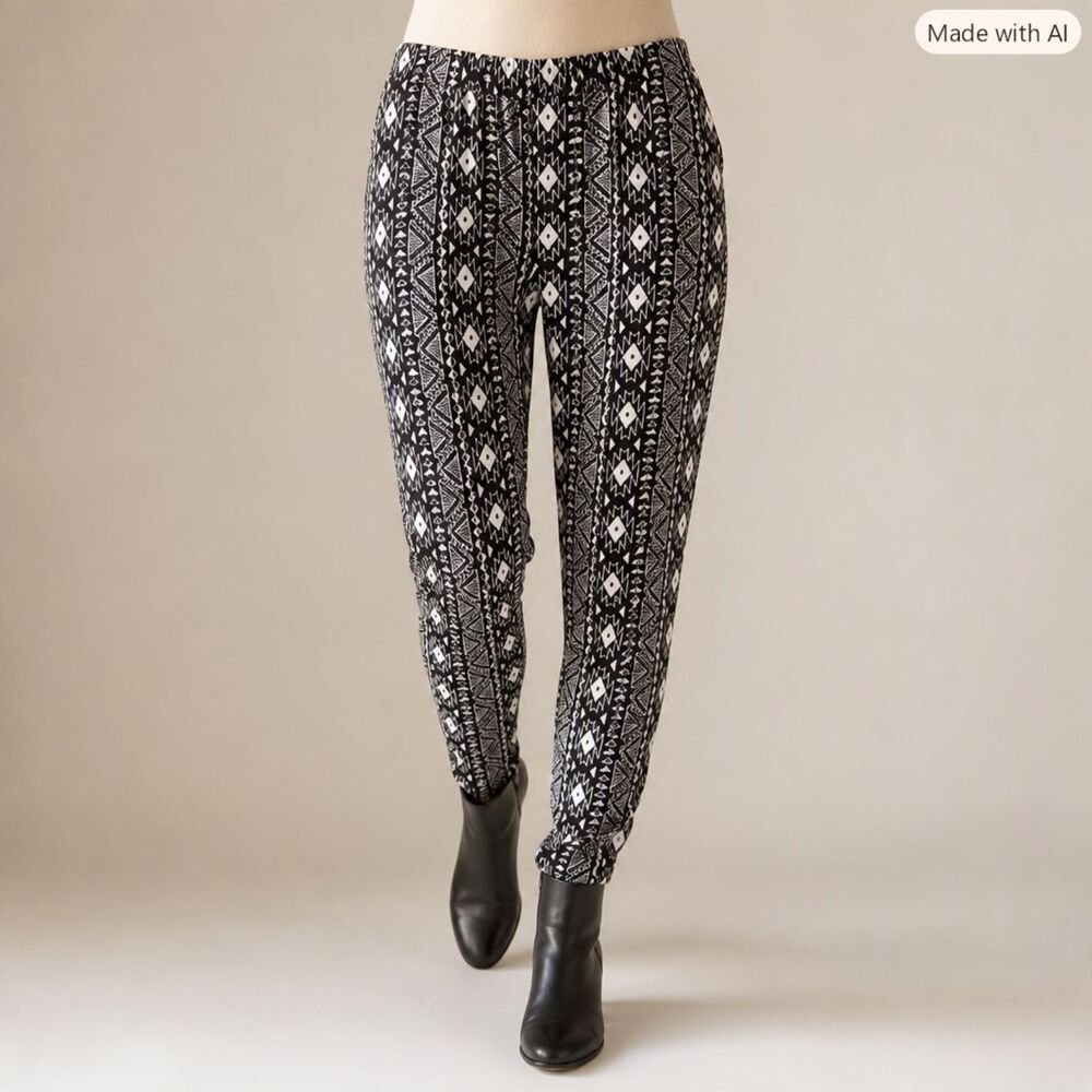 Divided by H&M Black & White Aztec‑Print Pull‑On Pants – Size 10 – EUC